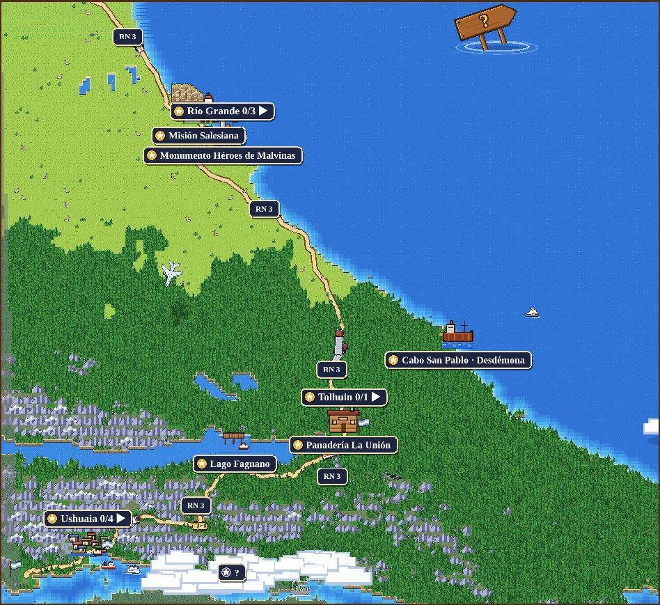 Mapa pixel art de Tierra del Fuego con Río Grande, Tolhuin y Ushuaia unidos por la Ruta 3