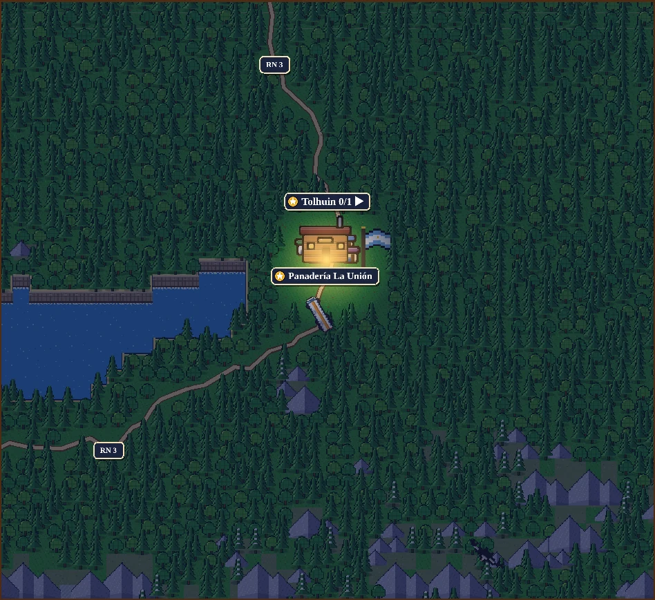 Tolhuin y el Lago Fagnano de noche en el mapa del juego